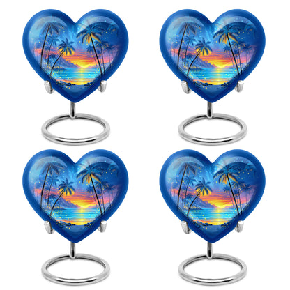 Icy Blue Beach Cremation Urn angled view of lid and engraved motif - heart-shaped beach design symbolizing eternal love - 10 inch aluminum urn for cremated remains
