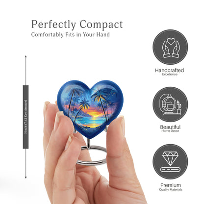 Azure Beach Cremation Urn front view showing detailed design - heart-shaped beach design symbolizing eternal love - mini keepsake memorial for portion of cremation ashes