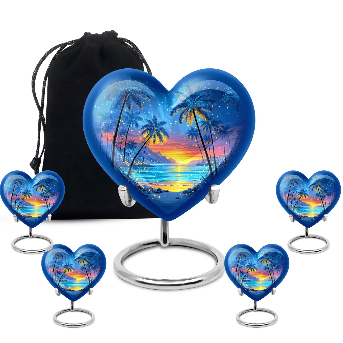 Dusty Blue Beach Cremation Urn close-up of engraving and surface detail - loving heart memorial featuring beach pattern - memorial set with one large and four small urns