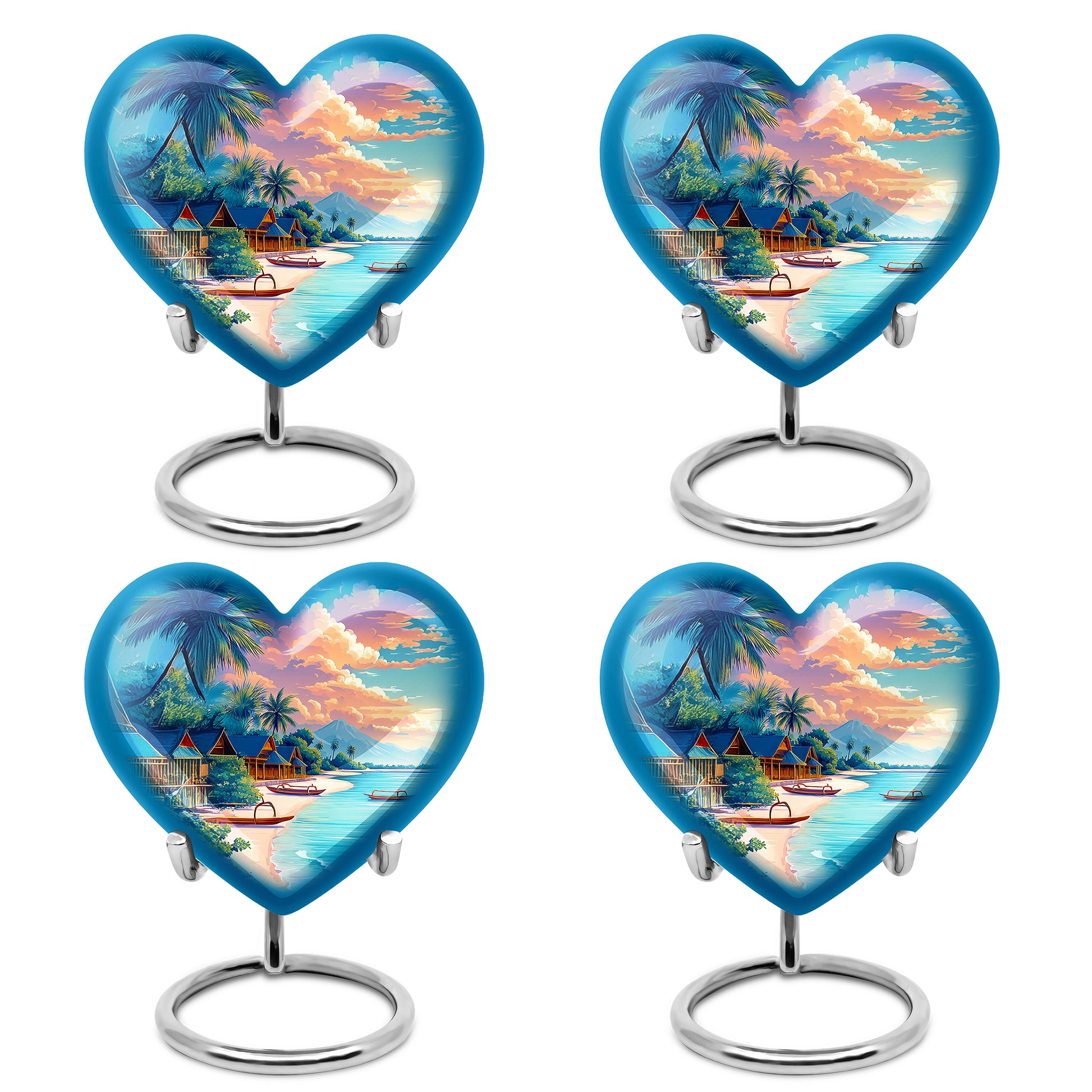 Cobalt Blue Beach Cremation Urn angled view of lid and engraved motif - compassionate heart-beach combination with gentle curves - 10 inch aluminum urn for cremated remains