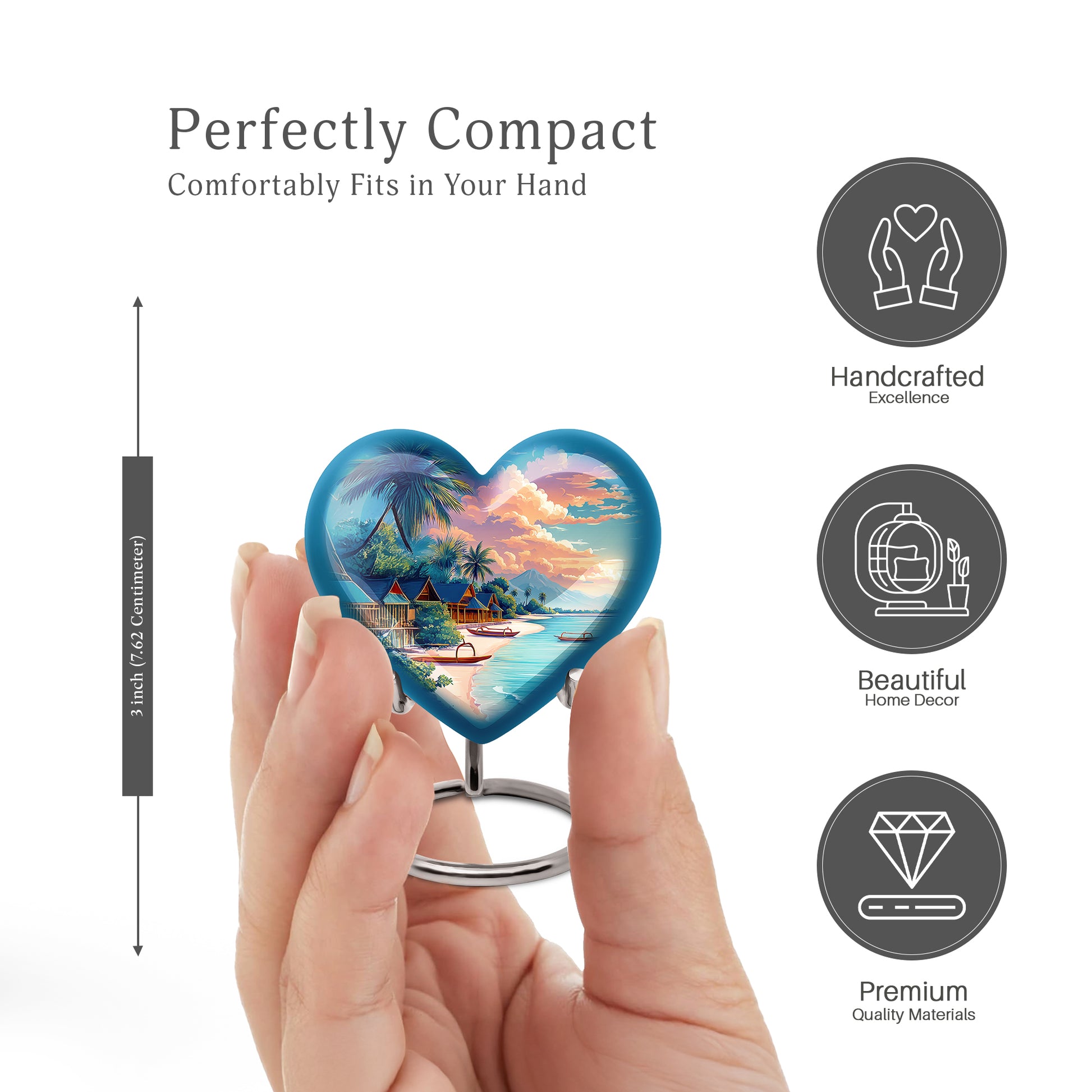 Steel Blue Beach Cremation Urn front view showing detailed design - romantic heart urn with beach motif on aluminum - mini keepsake memorial for portion of cremation ashes