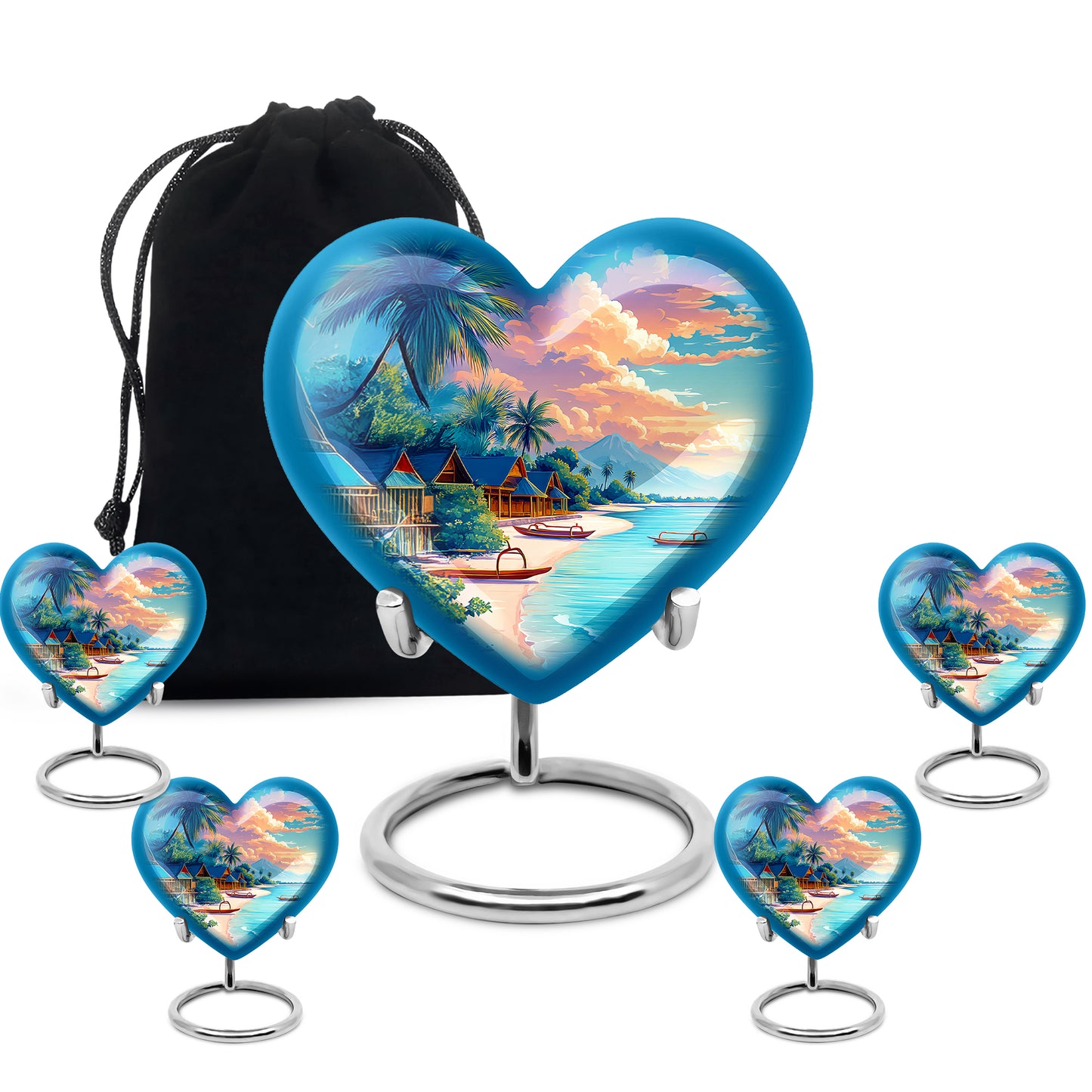 Azure Beach Cremation Urn close-up of engraving and surface detail - loving heart memorial featuring beach pattern - memorial set with one large and four small urns
