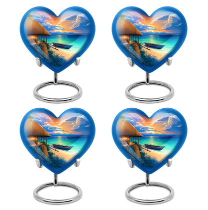 Pastel Blue Beach Cremation Urn angled view of lid and engraved motif - loving heart memorial featuring beach pattern - 10 inch aluminum urn for cremated remains