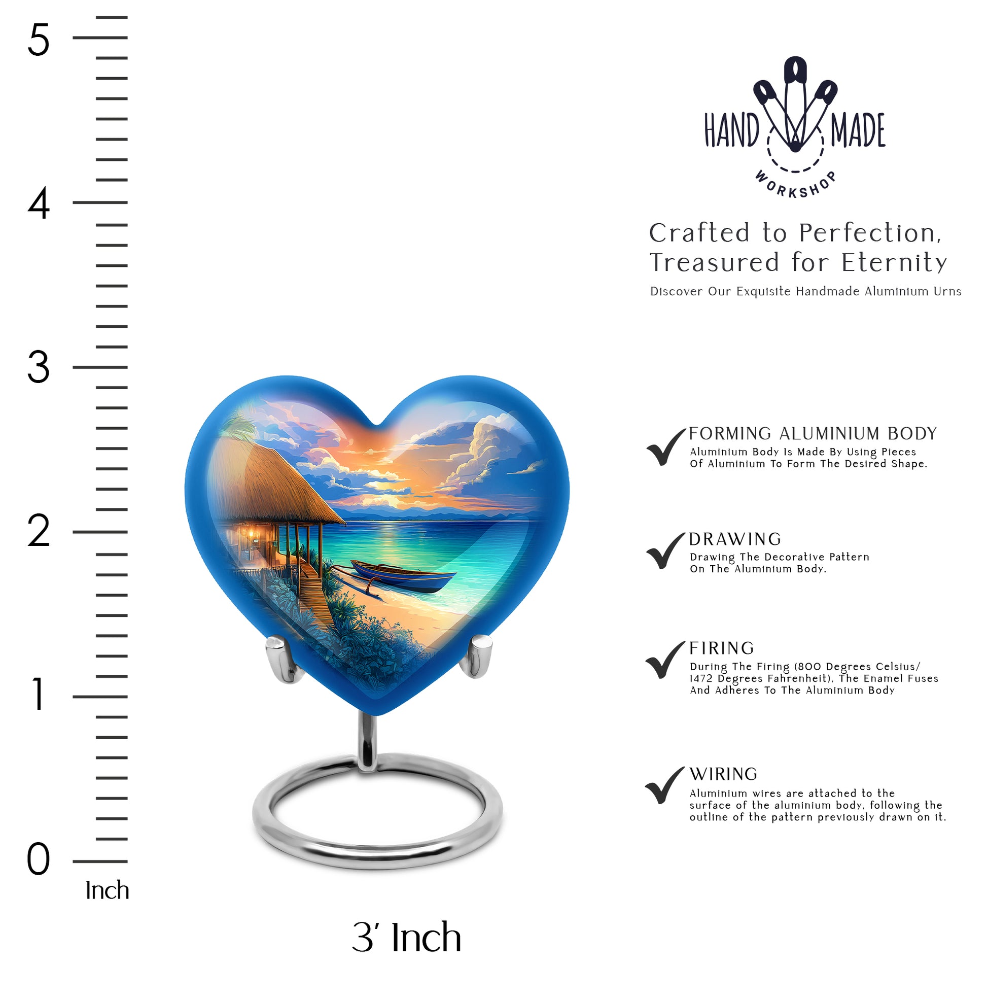Navy Blue Beach Cremation Urn front view showing detailed design - loving heart memorial featuring beach pattern - mini keepsake memorial for portion of cremation ashes
