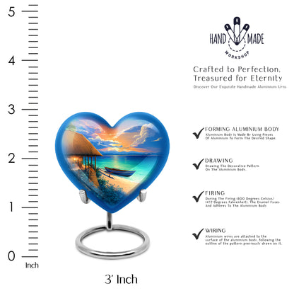 Navy Blue Beach Cremation Urn front view showing detailed design - loving heart memorial featuring beach pattern - mini keepsake memorial for portion of cremation ashes