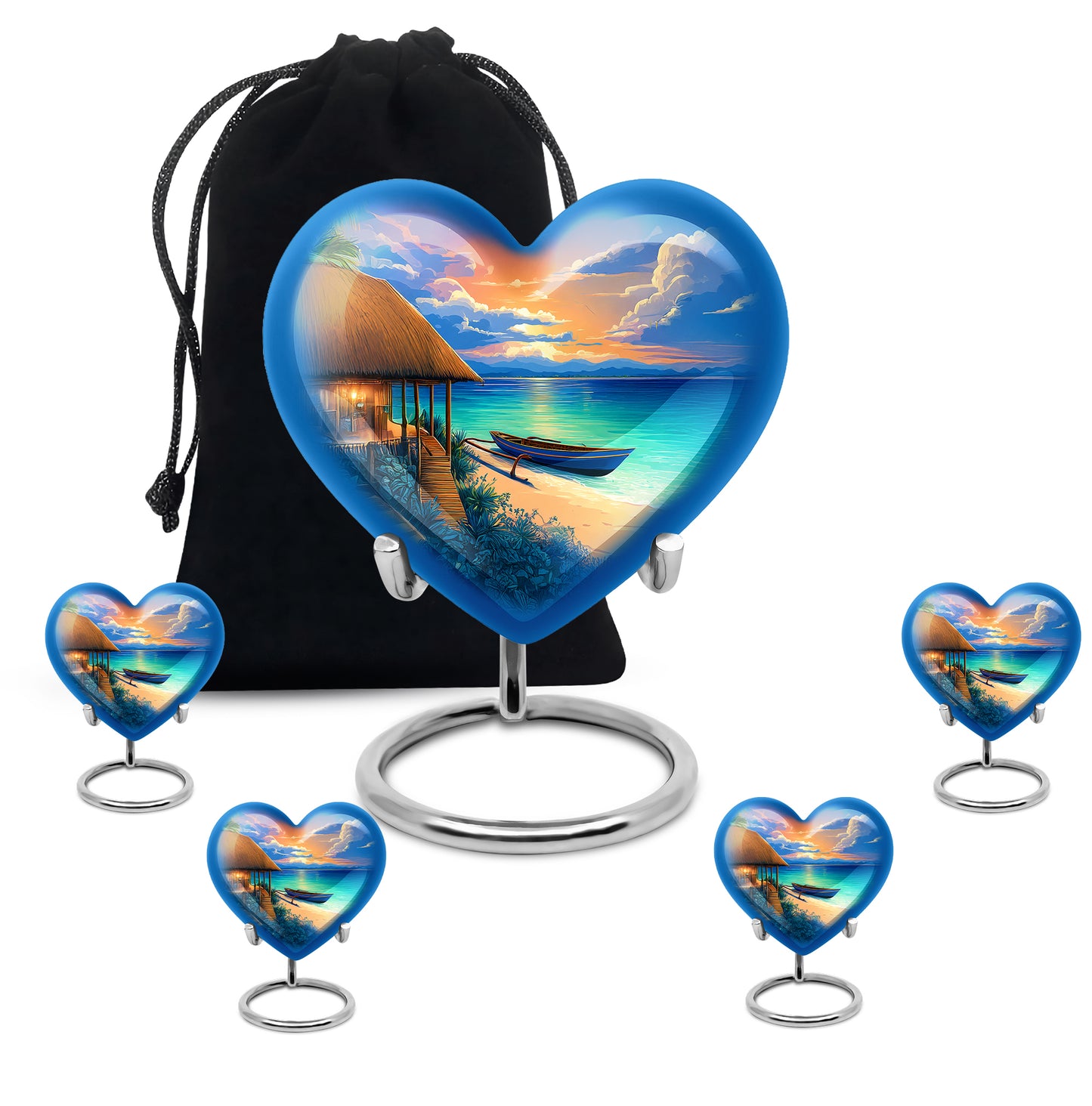 Pastel Blue Beach Cremation Urn close-up of engraving and surface detail - loving heart memorial featuring beach pattern - memorial set with one large and four small urns