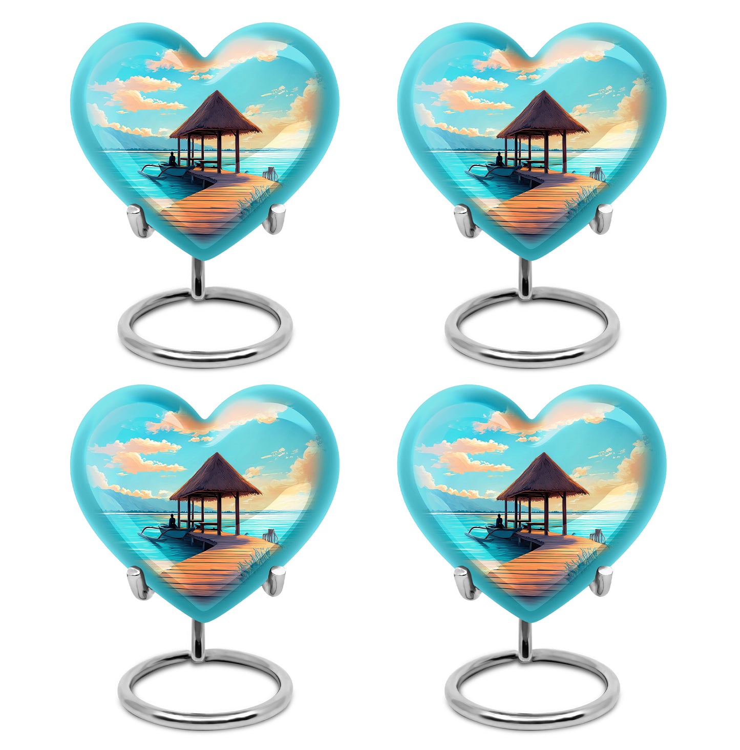 Aqua Teal Beach Cremation Urn angled view of lid and engraved motif - compassionate heart-beach combination with gentle curves - 10 inch aluminum urn for cremated remains