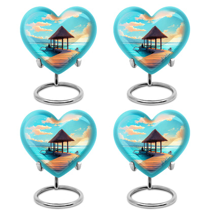 Aqua Teal Beach Cremation Urn angled view of lid and engraved motif - compassionate heart-beach combination with gentle curves - 10 inch aluminum urn for cremated remains