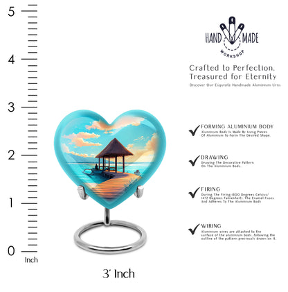 Soft Teal Beach Cremation Urn front view showing detailed design - loving heart memorial featuring beach pattern - mini keepsake memorial for portion of cremation ashes