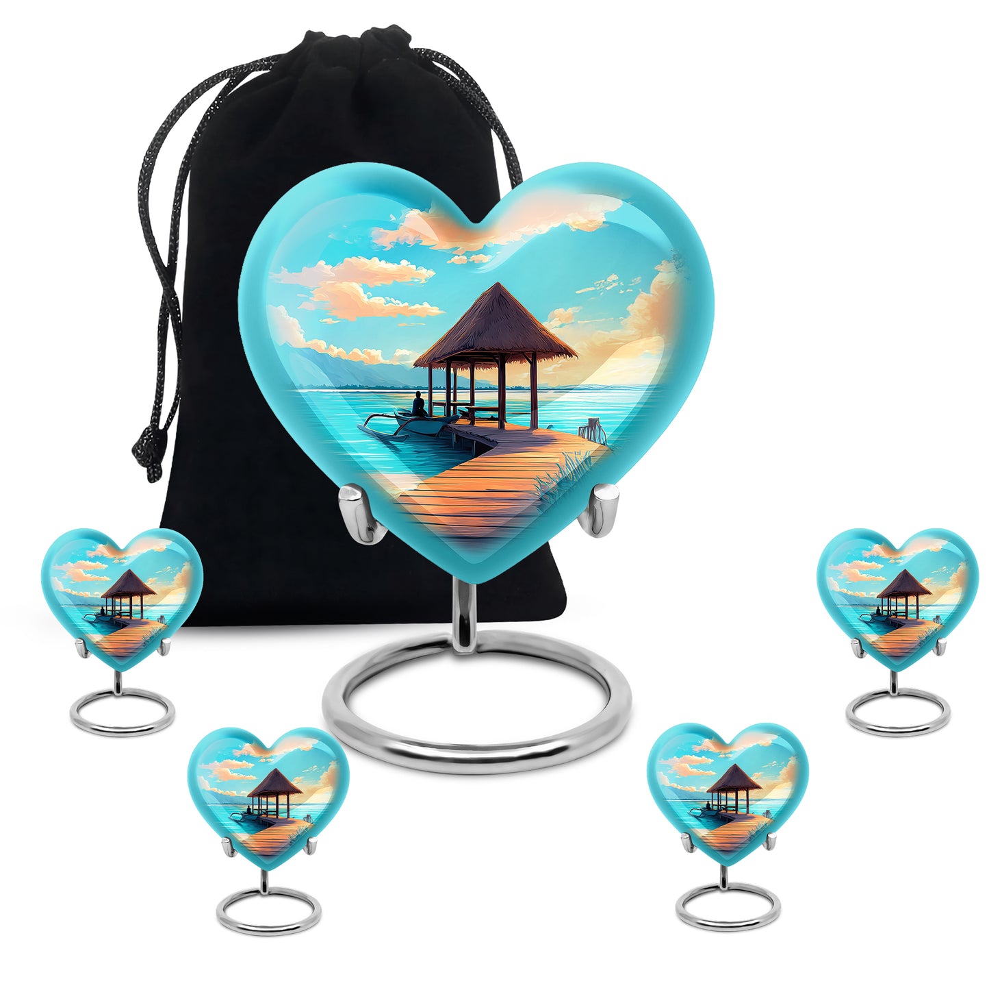 Ocean Teal Beach Cremation Urn close-up of engraving and surface detail - loving heart memorial featuring beach pattern - memorial set with one large and four small urns