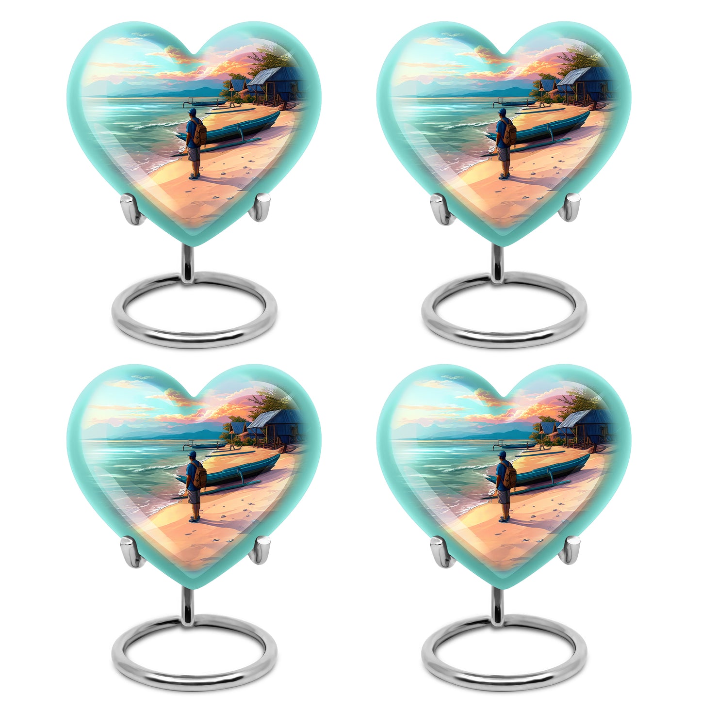Cool Teal Beach Cremation Urn angled view of lid and engraved motif - loving heart memorial featuring beach pattern - 10 inch aluminum urn for cremated remains