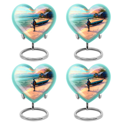 Cool Teal Beach Cremation Urn angled view of lid and engraved motif - loving heart memorial featuring beach pattern - 10 inch aluminum urn for cremated remains