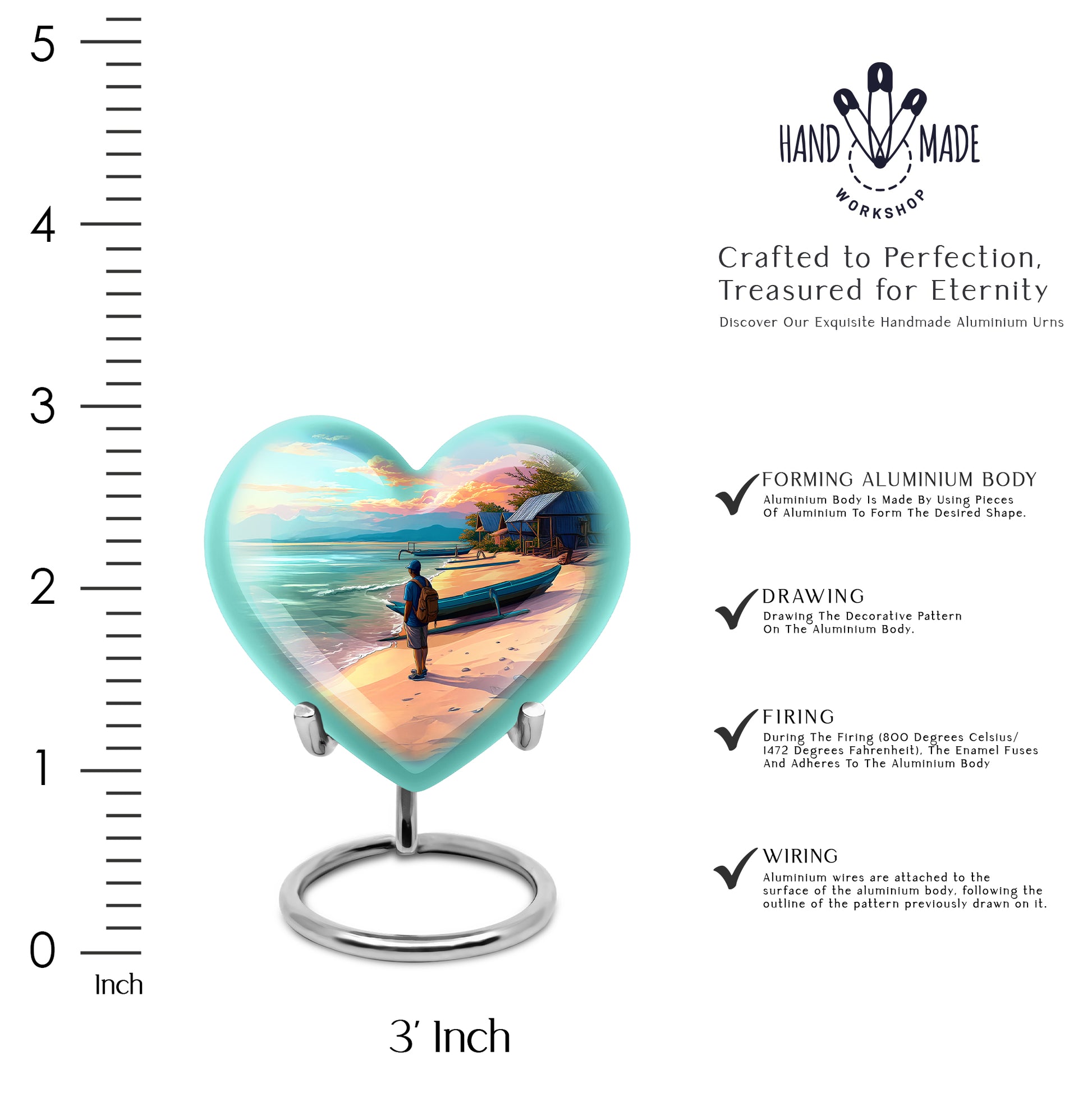 Deep Teal Beach Cremation Urn front view showing detailed design - romantic heart urn with beach motif on aluminum - mini keepsake memorial for portion of cremation ashes