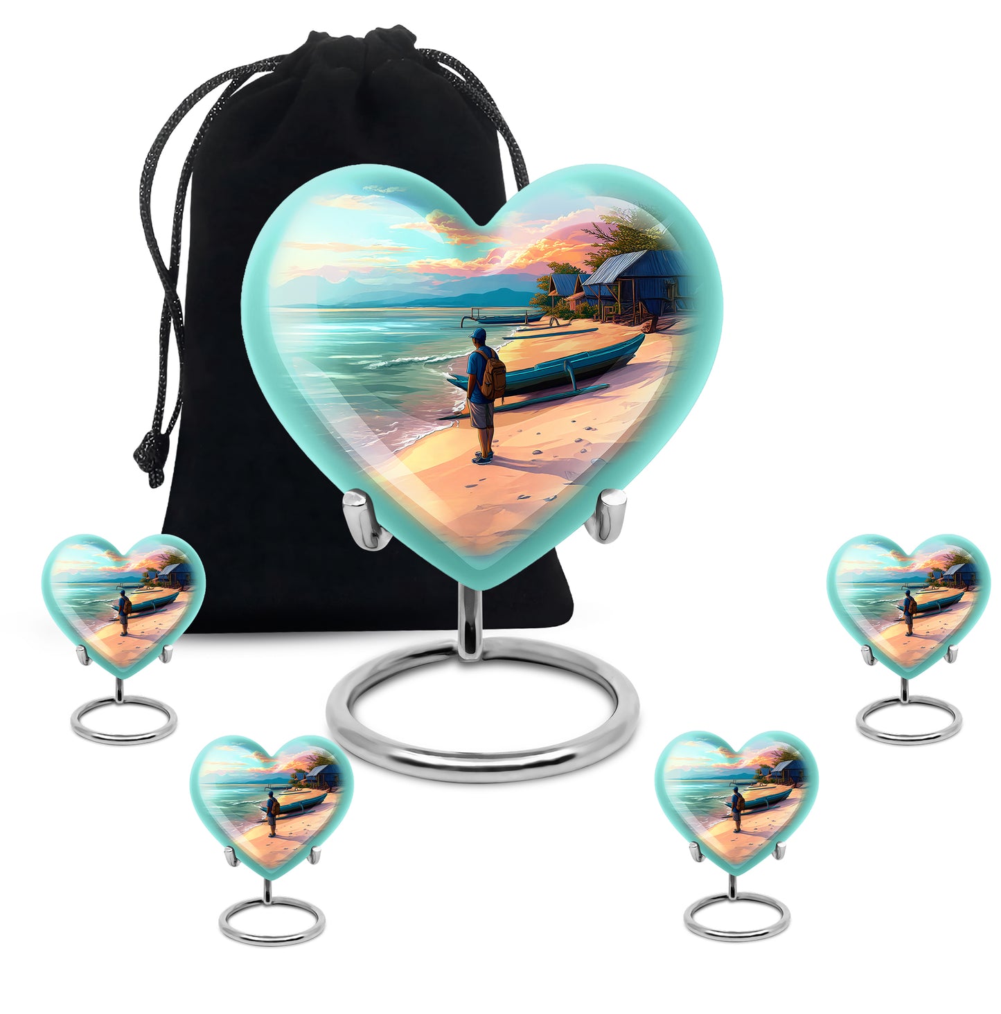 Mystic Teal Beach Cremation Urn close-up of engraving and surface detail - romantic heart urn with beach motif on aluminum - memorial set with one large and four small urns