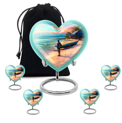 Mystic Teal Beach Cremation Urn close-up of engraving and surface detail - romantic heart urn with beach motif on aluminum - memorial set with one large and four small urns