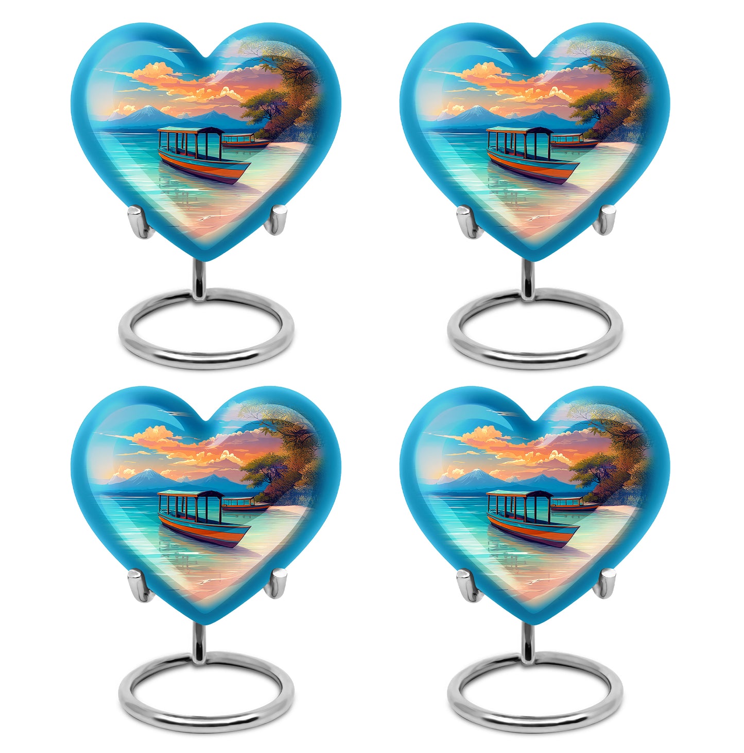 Cobalt Blue Beach Cremation Urn angled view of lid and engraved motif - compassionate heart-beach combination with gentle curves - 10 inch aluminum urn for cremated remains