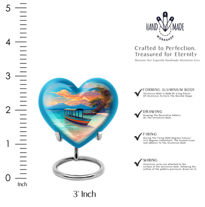 Indigo Beach Cremation Urn front view showing detailed design - loving heart memorial featuring beach pattern - mini keepsake memorial for portion of cremation ashes