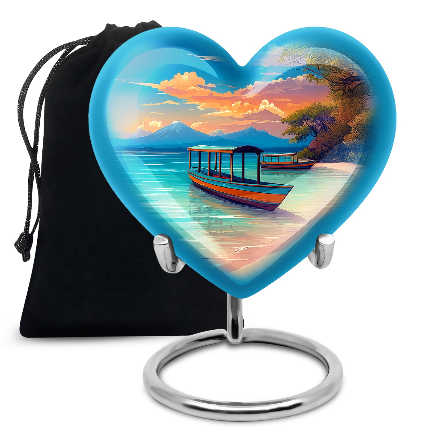 Soft Blue Beach Cremation Urn detail view - romantic heart urn with beach motif on aluminum - full-size 10 inch 200 cubic inch adult cremation urn
