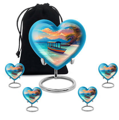 Bright Blue Beach Cremation Urn close-up of engraving and surface detail - compassionate heart-beach combination with gentle curves - memorial set with one large and four small urns