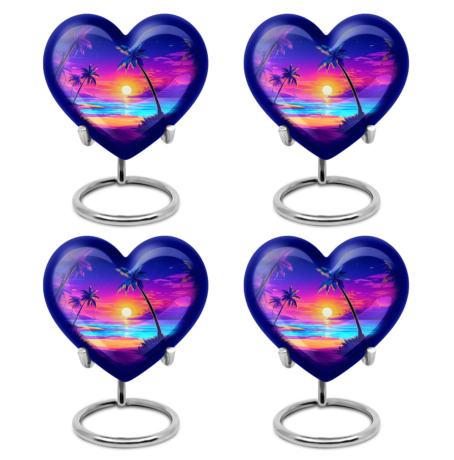 Steel Blue Beach Cremation Urn angled view of lid and engraved motif - romantic heart urn with beach motif on aluminum - 10 inch aluminum urn for cremated remains
