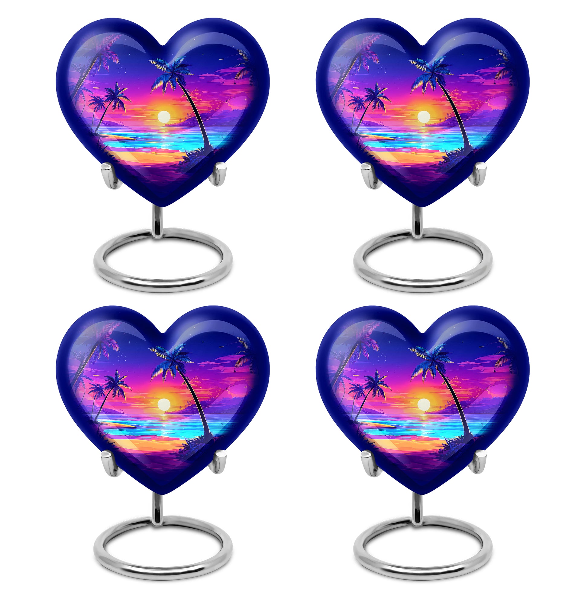 Steel Blue Beach Cremation Urn angled view of lid and engraved motif - romantic heart urn with beach motif on aluminum - 10 inch aluminum urn for cremated remains