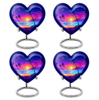 Steel Blue Beach Cremation Urn angled view of lid and engraved motif - romantic heart urn with beach motif on aluminum - 10 inch aluminum urn for cremated remains