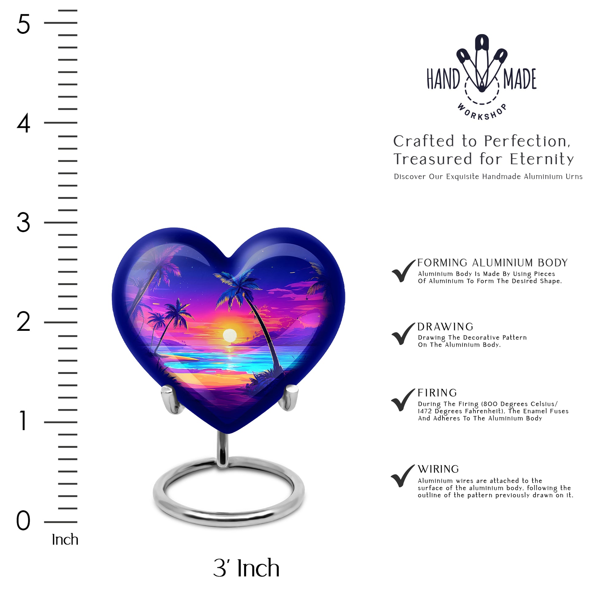 Cornflower Blue Beach Cremation Urn front view showing detailed design - compassionate heart-beach combination with gentle curves - mini keepsake memorial for portion of cremation ashes