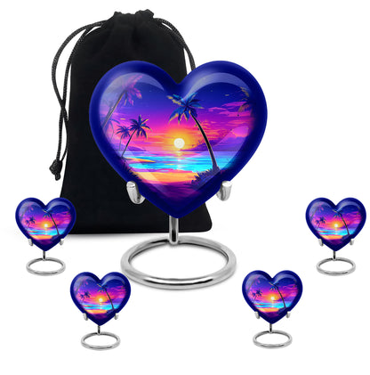 Navy Blue Beach Cremation Urn close-up of engraving and surface detail - heart-shaped beach design symbolizing eternal love - memorial set with one large and four small urns