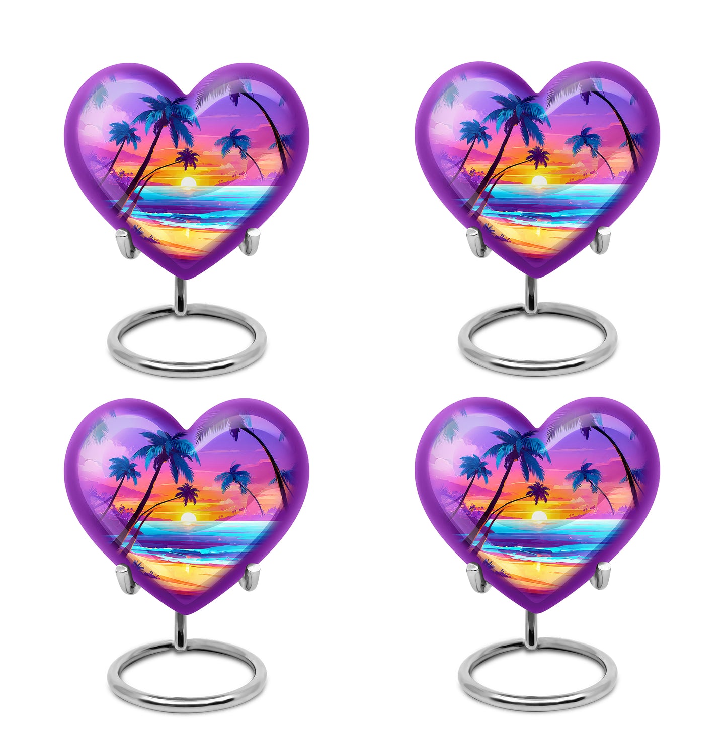 Orchid Purple Beach Cremation Urn angled view of lid and engraved motif - loving heart memorial featuring beach pattern - 10 inch aluminum urn for cremated remains