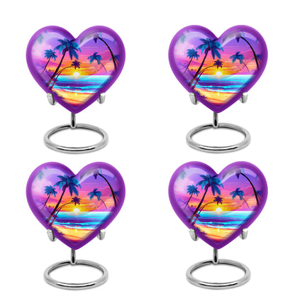 Orchid Purple Beach Cremation Urn angled view of lid and engraved motif - loving heart memorial featuring beach pattern - 10 inch aluminum urn for cremated remains