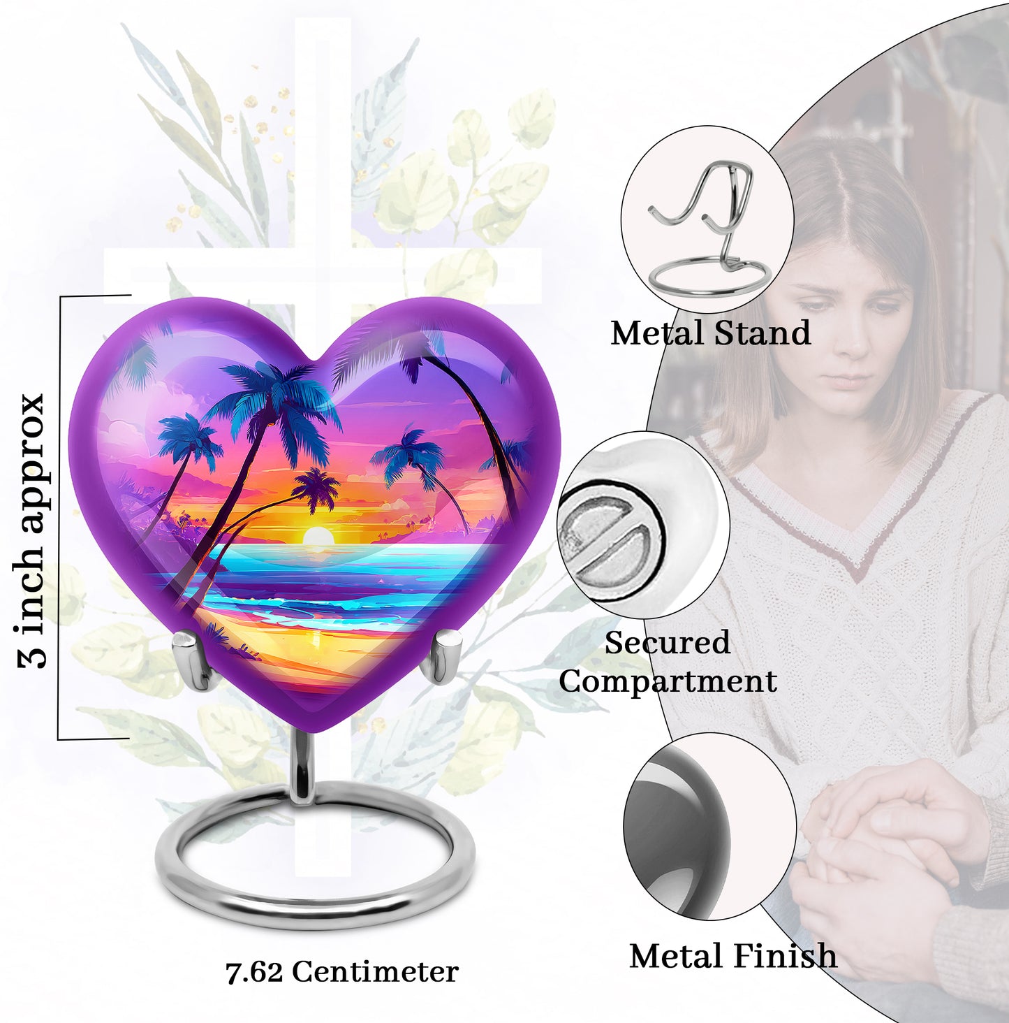 Violet Purple Beach Cremation Urn front view showing detailed design - romantic heart urn with beach motif on aluminum - mini keepsake memorial for portion of cremation ashes