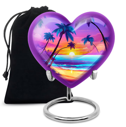 Amethyst Purple Beach Cremation Urn detail view - loving heart memorial featuring beach pattern - full-size 10 inch 200 cubic inch adult cremation urn