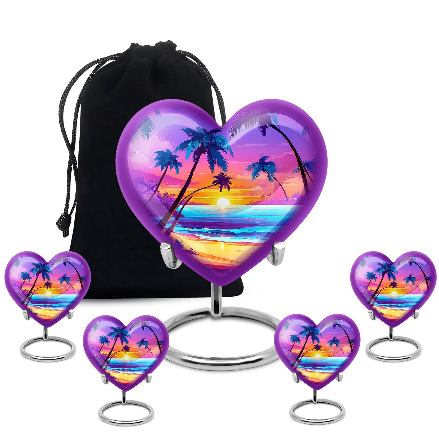 Orchid Purple Beach Cremation Urn close-up of engraving and surface detail - loving heart memorial featuring beach pattern - memorial set with one large and four small urns