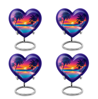 Twilight Purple Beach Cremation Urn angled view of lid and engraved motif - romantic heart urn with beach motif on aluminum - 10 inch aluminum urn for cremated remains