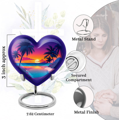 Amethyst Purple Beach Cremation Urn front view showing detailed design - loving heart memorial featuring beach pattern - mini keepsake memorial for portion of cremation ashes