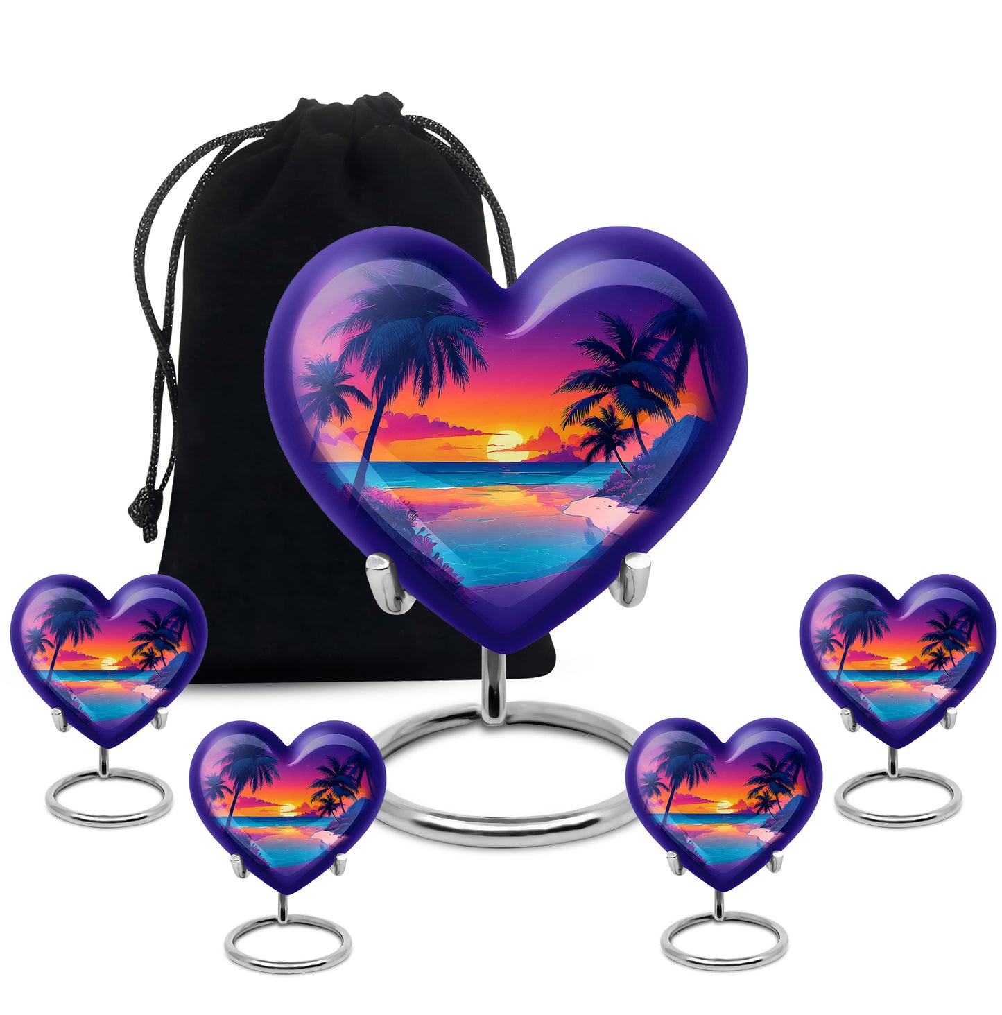 Amethyst Purple Beach Cremation Urn close-up of engraving and surface detail - heart-shaped beach design symbolizing eternal love - memorial set with one large and four small urns