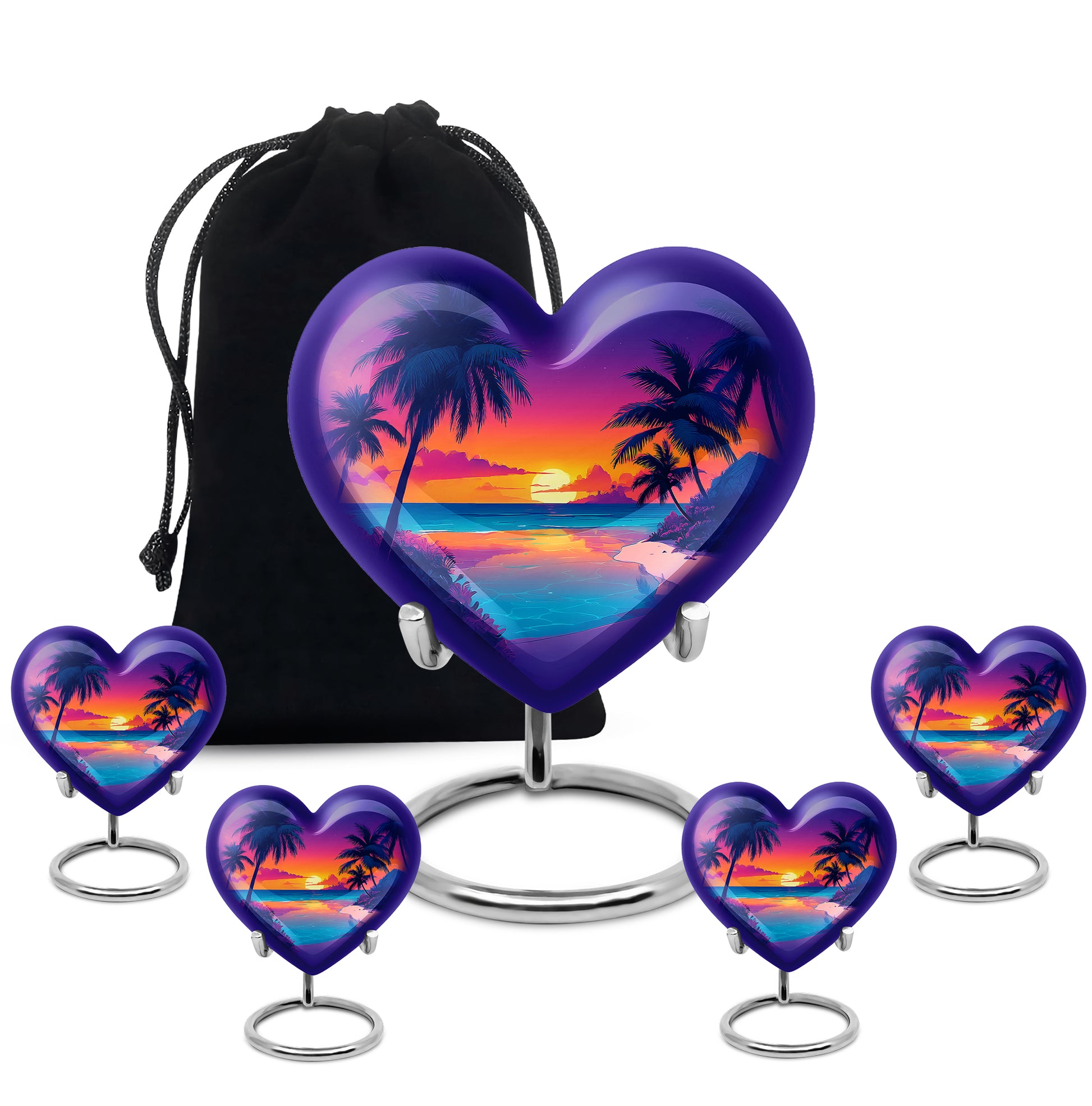 Amethyst Purple Beach Cremation Urn close-up of engraving and surface detail - heart-shaped beach design symbolizing eternal love - memorial set with one large and four small urns