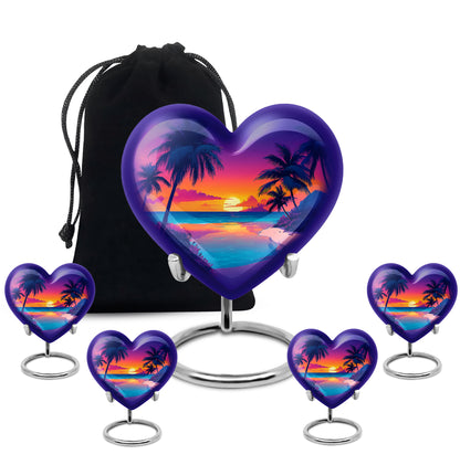 Amethyst Purple Beach Cremation Urn close-up of engraving and surface detail - heart-shaped beach design symbolizing eternal love - memorial set with one large and four small urns