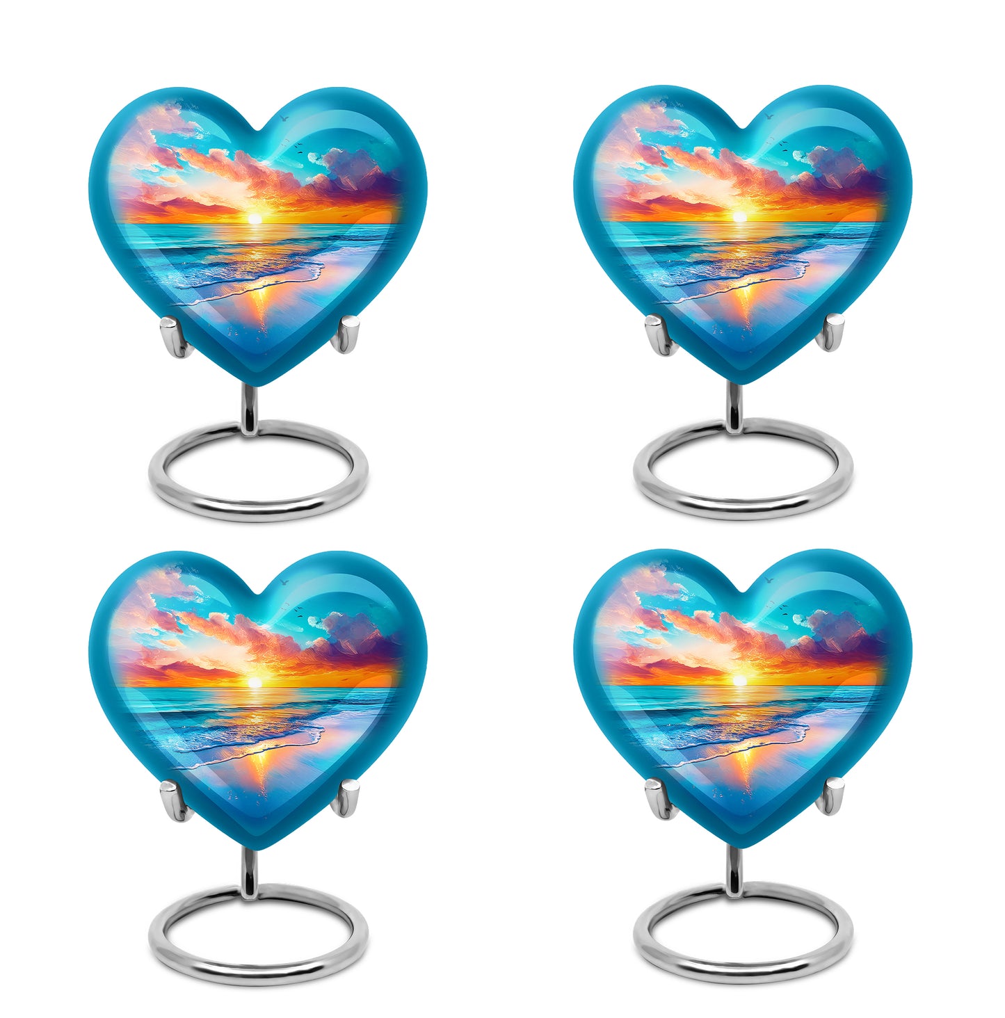 Powder Blue Beach Cremation Urn angled view of lid and engraved motif - loving heart memorial featuring beach pattern - 10 inch aluminum urn for cremated remains