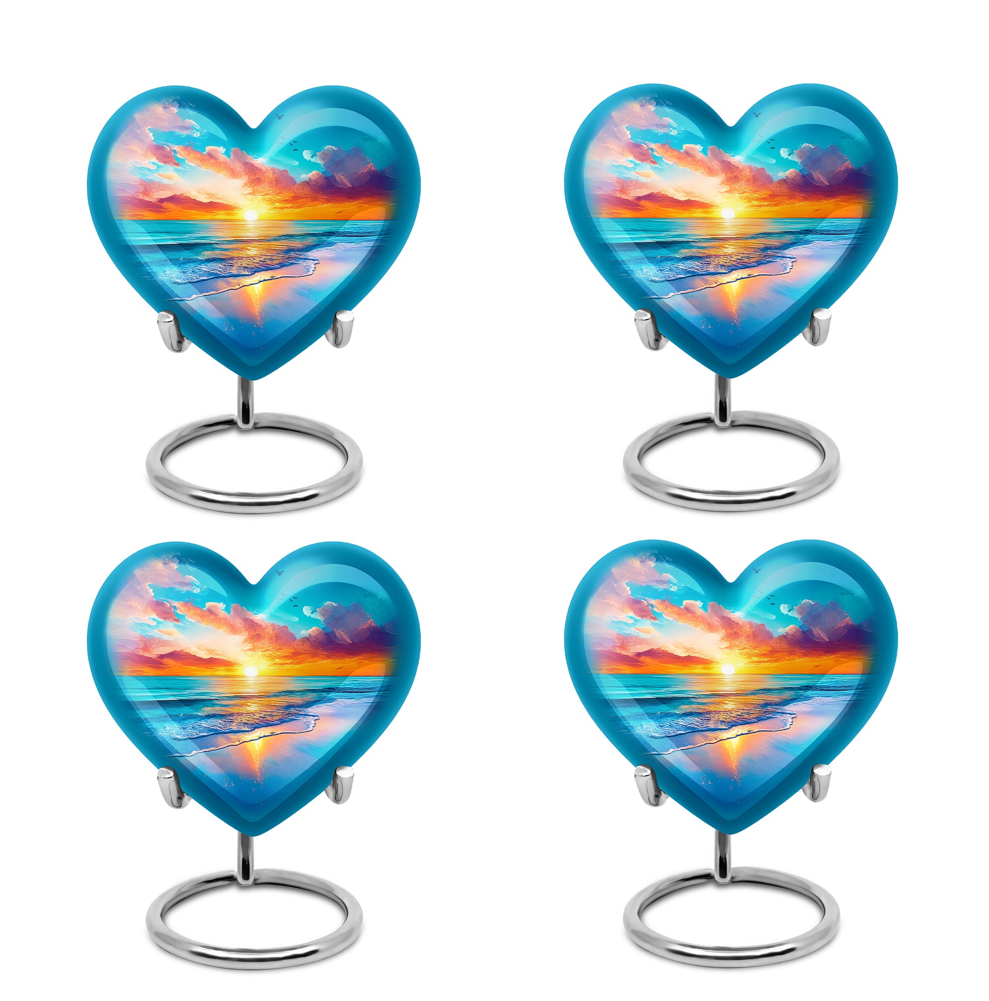 Powder Blue Beach Cremation Urn angled view of lid and engraved motif - loving heart memorial featuring beach pattern - 10 inch aluminum urn for cremated remains