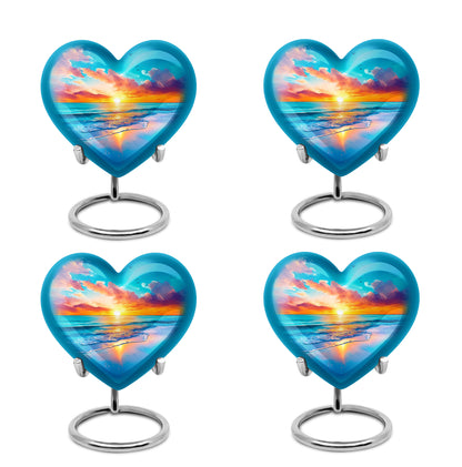 Powder Blue Beach Cremation Urn angled view of lid and engraved motif - loving heart memorial featuring beach pattern - 10 inch aluminum urn for cremated remains