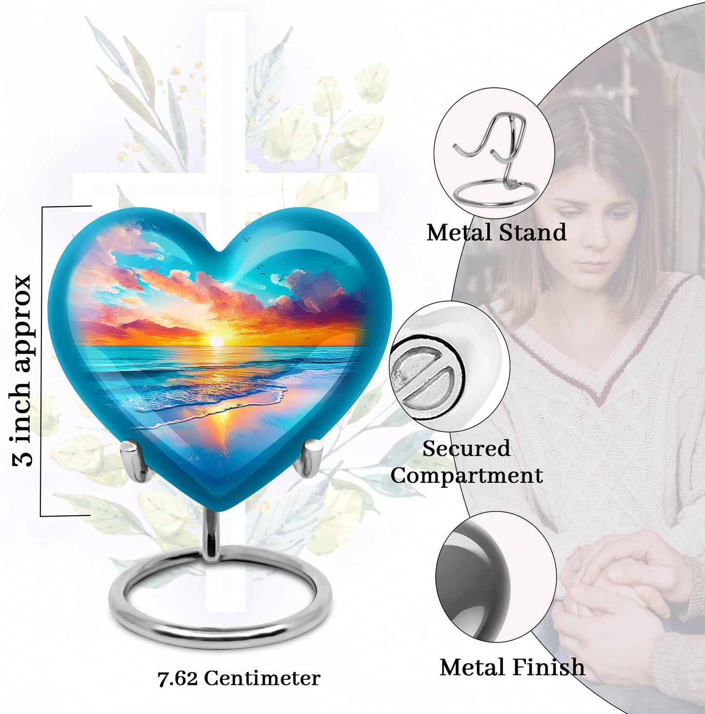 Twilight Blue Beach Cremation Urn front view showing detailed design - romantic heart urn with beach motif on aluminum - mini keepsake memorial for portion of cremation ashes