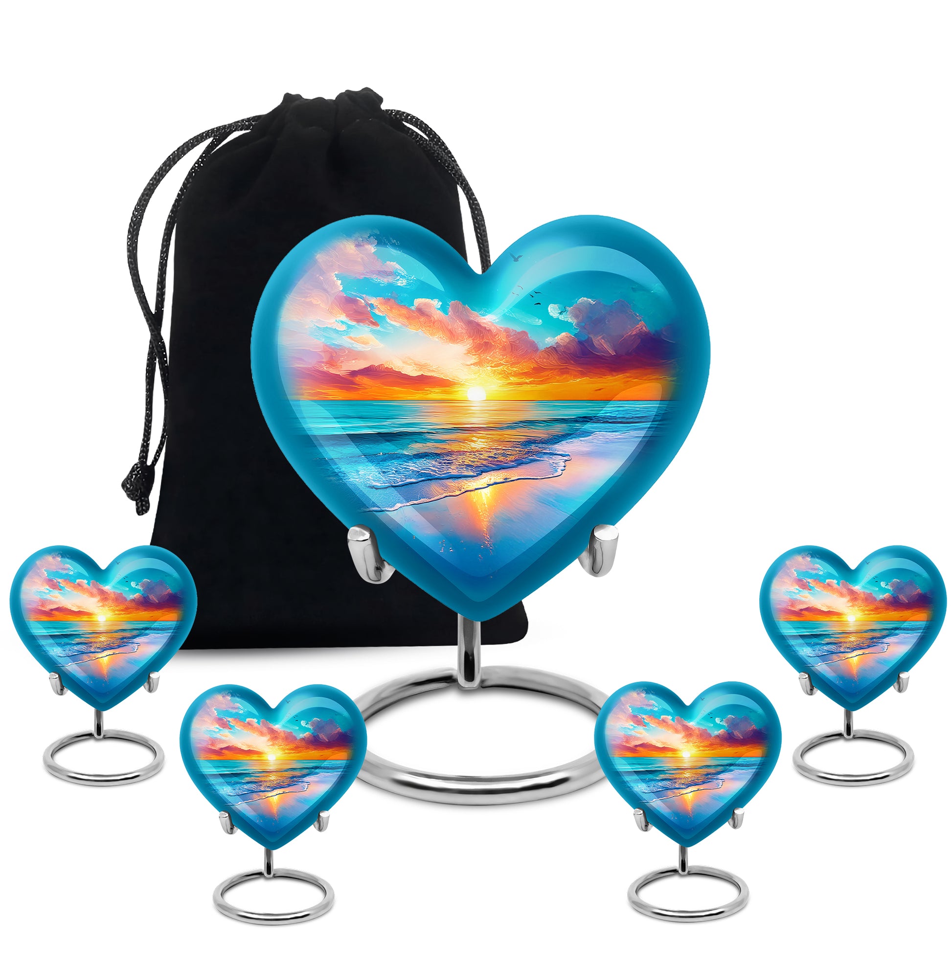 Pastel Blue Beach Cremation Urn close-up of engraving and surface detail - heart-shaped beach design symbolizing eternal love - memorial set with one large and four small urns