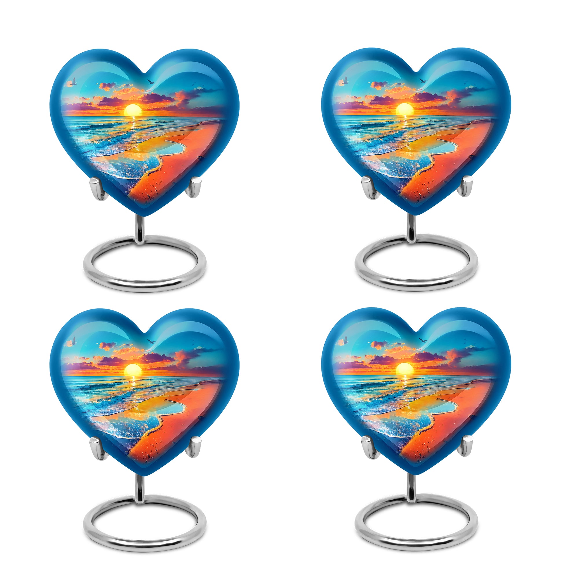 Aqua Teal Beach Cremation Urn angled view of lid and engraved motif - romantic heart urn with beach motif on aluminum - 10 inch aluminum urn for cremated remains
