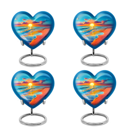 Aqua Teal Beach Cremation Urn angled view of lid and engraved motif - romantic heart urn with beach motif on aluminum - 10 inch aluminum urn for cremated remains