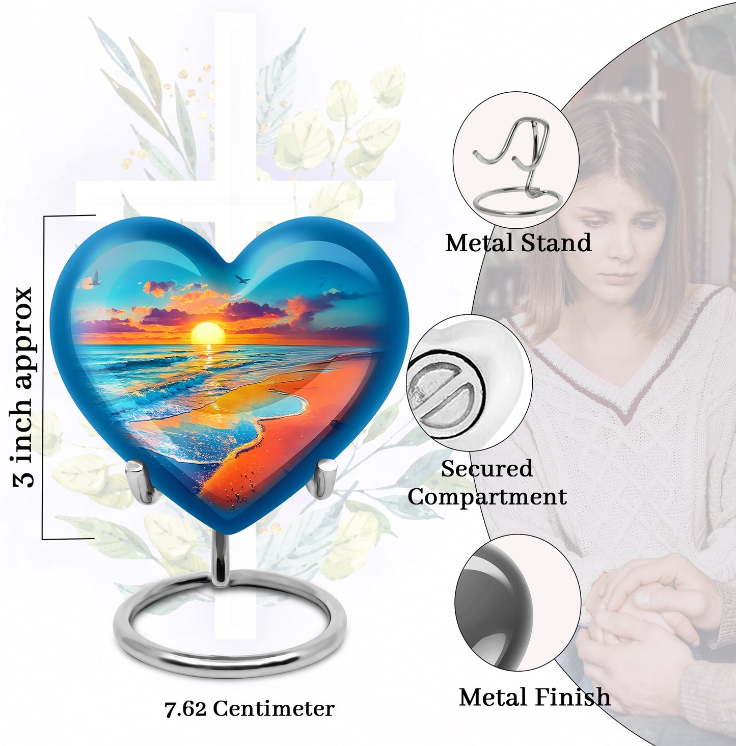 Cool Teal Beach Cremation Urn front view showing detailed design - heart-shaped beach design symbolizing eternal love - mini keepsake memorial for portion of cremation ashes