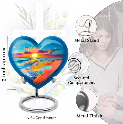 Cool Teal Beach Cremation Urn front view showing detailed design - heart-shaped beach design symbolizing eternal love - mini keepsake memorial for portion of cremation ashes