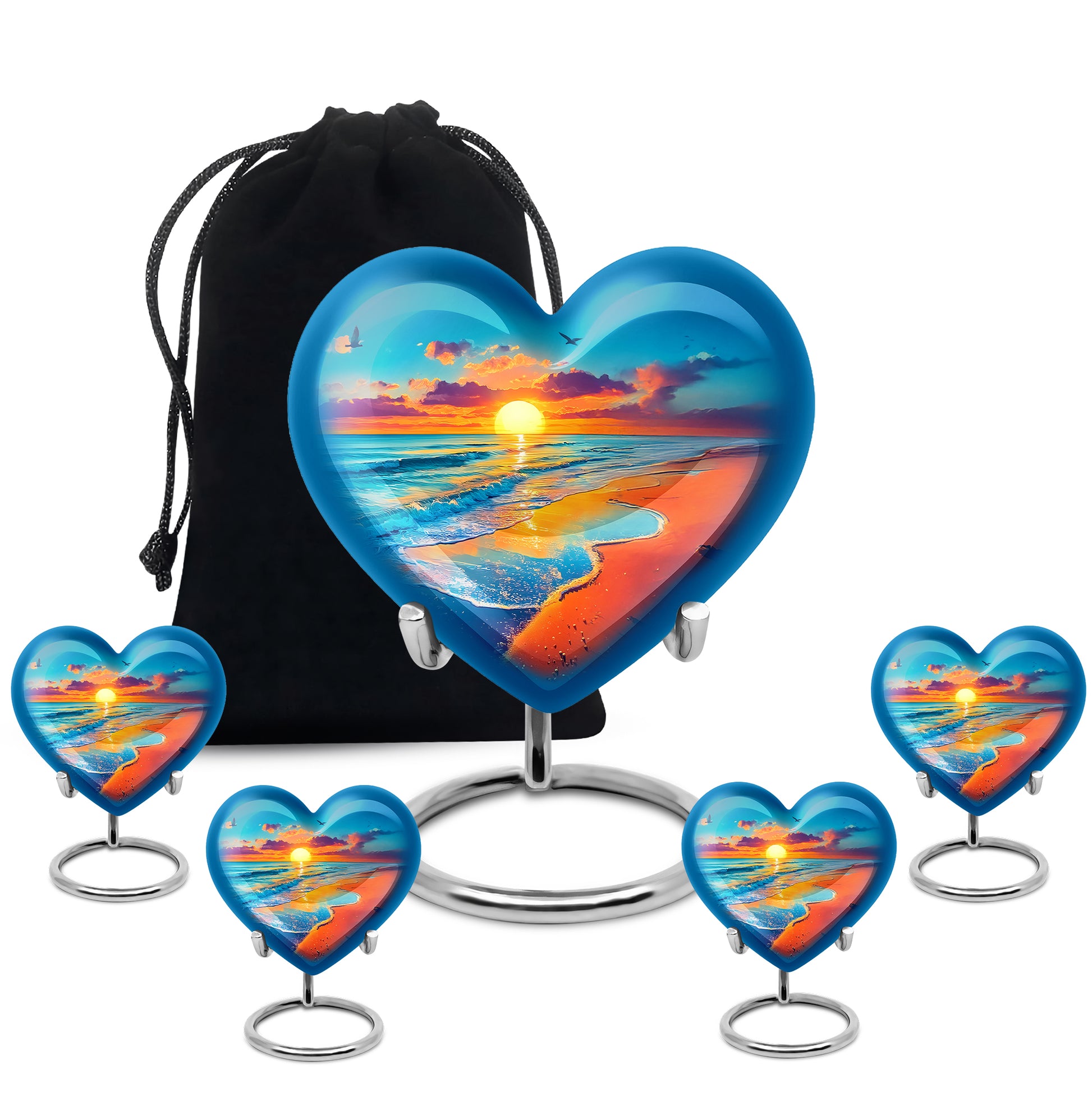Vivid Teal Beach Cremation Urn close-up of engraving and surface detail - romantic heart urn with beach motif on aluminum - memorial set with one large and four small urns