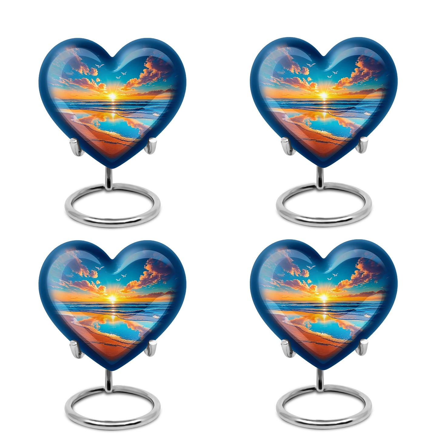 Celestial Blue Beach Cremation Urn angled view of lid and engraved motif - loving heart memorial featuring beach pattern - 10 inch aluminum urn for cremated remains