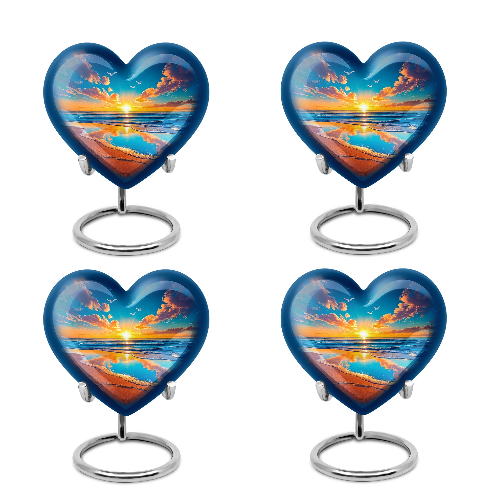 Celestial Blue Beach Cremation Urn angled view of lid and engraved motif - loving heart memorial featuring beach pattern - 10 inch aluminum urn for cremated remains